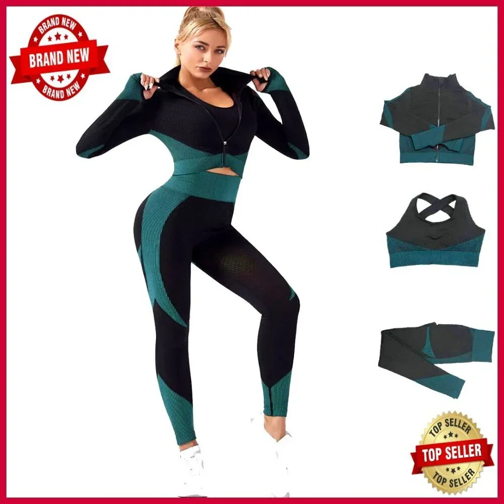 3-Piece Seamless Workout Set, High Waist Leggings, Sports Bra, Crop Top